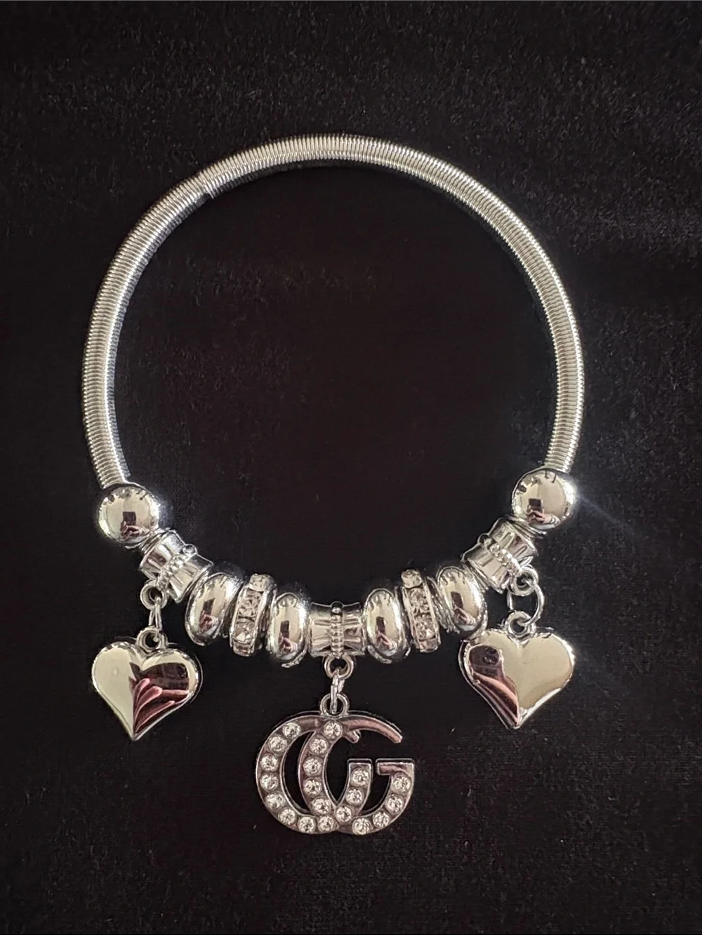 Silver Fashion Charm Bracelet with Heart and Crystal Interlocking G Accent